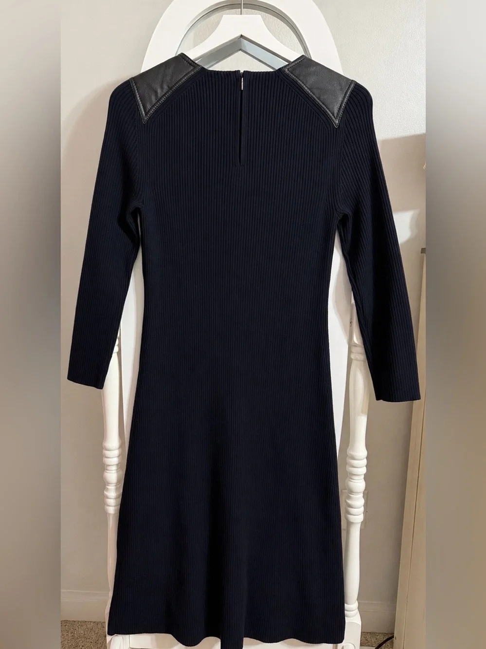 Tory Burch Black Ribbed Knit Dress w/ Leather Shoulder Panels Size M